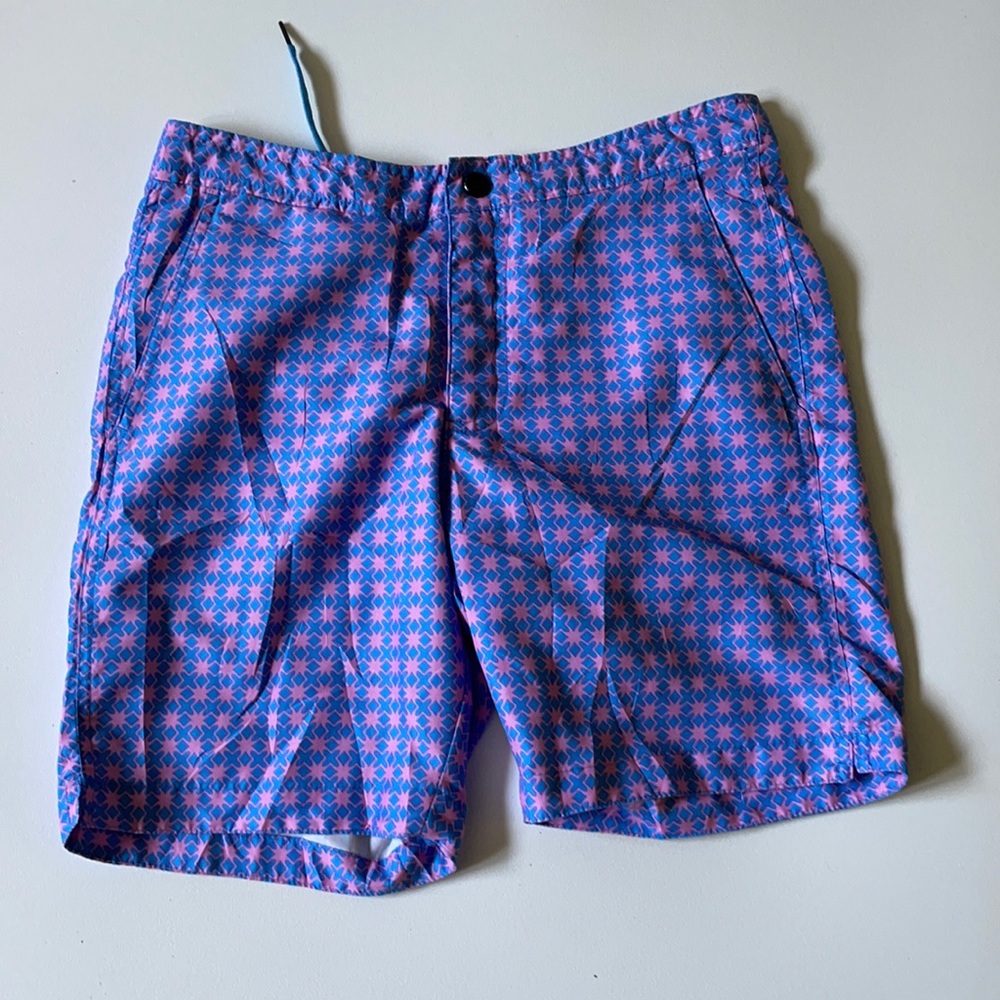 JACHS Mens Wicker Mid Length Swim Trunks S Small Blue Pink Print M936348…